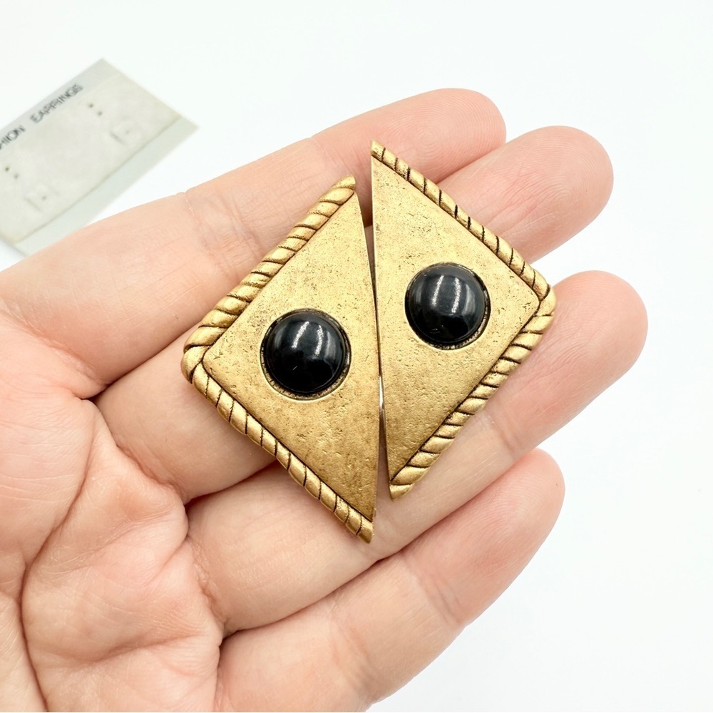 Vintage Gold-Tone Triangle Stud Statement Earrings with Black Cabochon